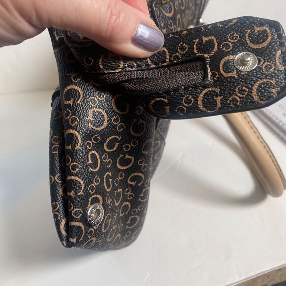 GUESS Signature Logo Satchel Handbag Brown Black Monogram Double Handle Purse - Picture 8 of 14